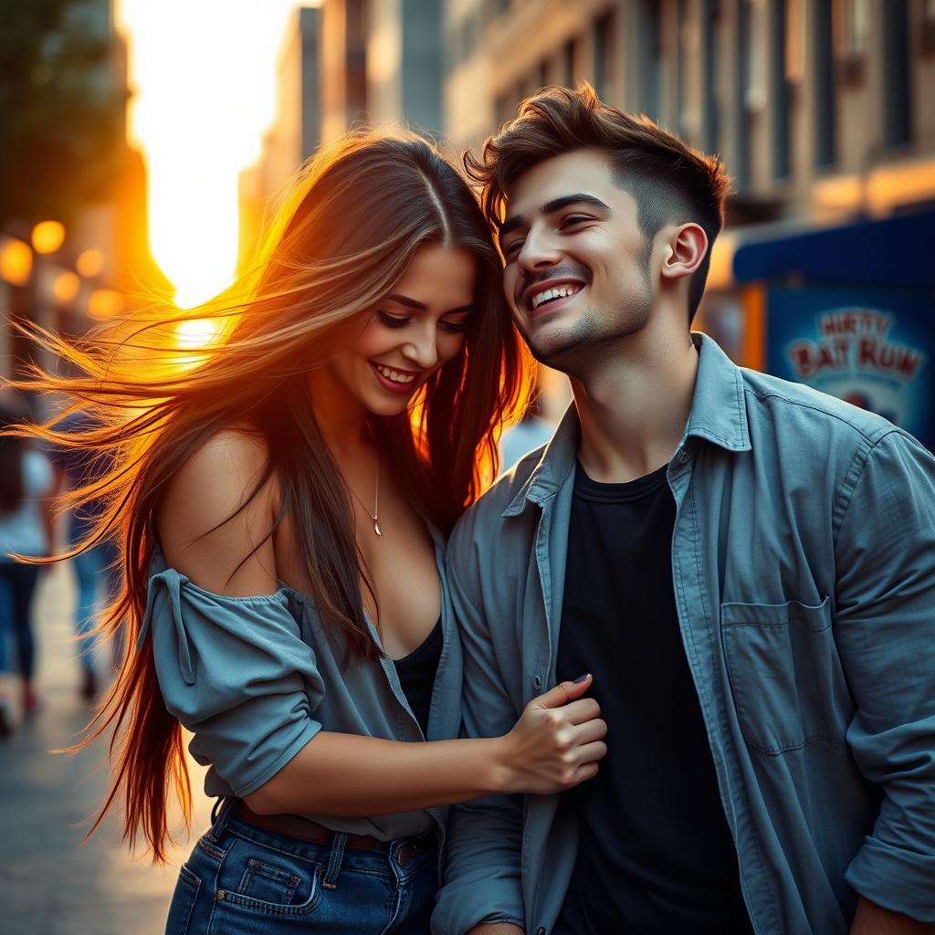 A visually striking scene depicting a beautiful young woman with long flowing hair, wearing a stylish outfit, playfully interacting with a handsome young man, who has an engaging smile