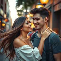 A visually striking scene depicting a beautiful young woman with long flowing hair, wearing a stylish outfit, playfully interacting with a handsome young man, who has an engaging smile