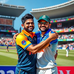 A heartwarming scene depicting two famous Indian athletes, Vijay and Virat, sharing a tight hug on a cricket field