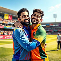 A heartwarming scene depicting two famous Indian athletes, Vijay and Virat, sharing a tight hug on a cricket field
