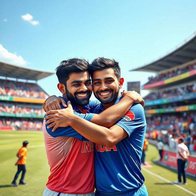 A heartwarming scene depicting two famous Indian athletes, Vijay and Virat, sharing a tight hug on a cricket field