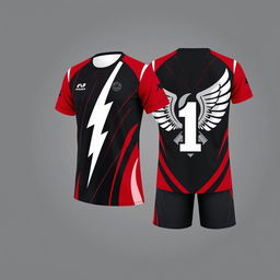 A modern and striking volleyball sports outfit featuring a t-shirt and shorts