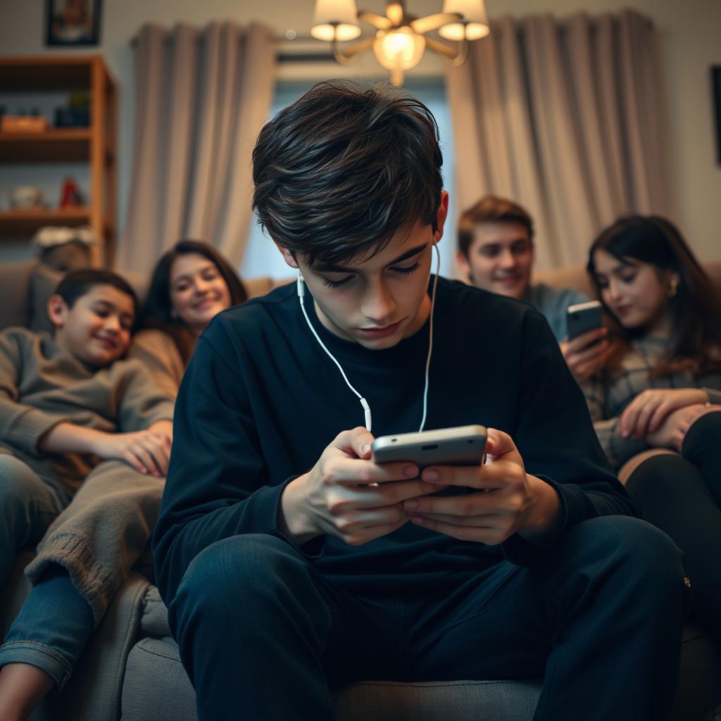A teenage boy wearing black clothes, sitting with his family in a cozy living room