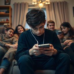 A teenage boy wearing black clothes, sitting with his family in a cozy living room