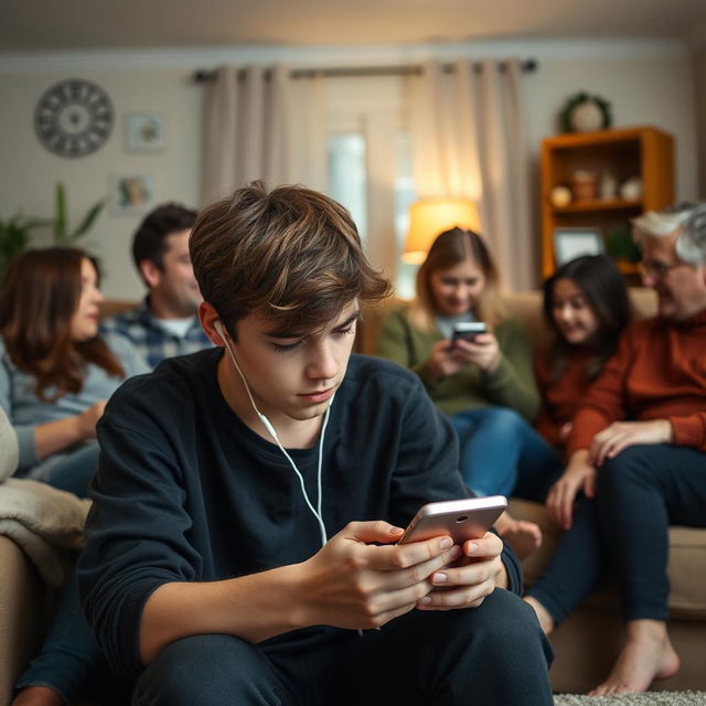 A teenage boy wearing black clothes, sitting with his family in a cozy living room