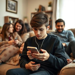 A teenage boy wearing black clothes, sitting with his family in a cozy living room