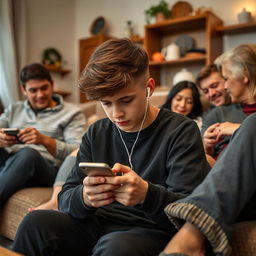 A teenage boy wearing black clothes, sitting with his family in a cozy living room