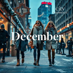 A stylish December-themed promotional image for a clothing brand called 'City Garments', showcasing an urban winter scene