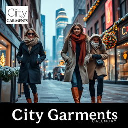 A stylish December-themed promotional image for a clothing brand called 'City Garments', showcasing an urban winter scene