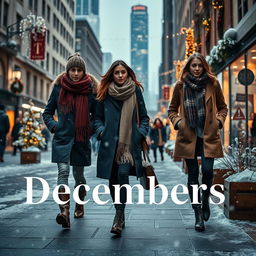 A stylish December-themed promotional image for a clothing brand called 'City Garments', showcasing an urban winter scene