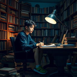 A teenage philosopher wearing black clothes and green sneakers, sitting in a thoughtful pose at a desk filled with books and philosophical texts