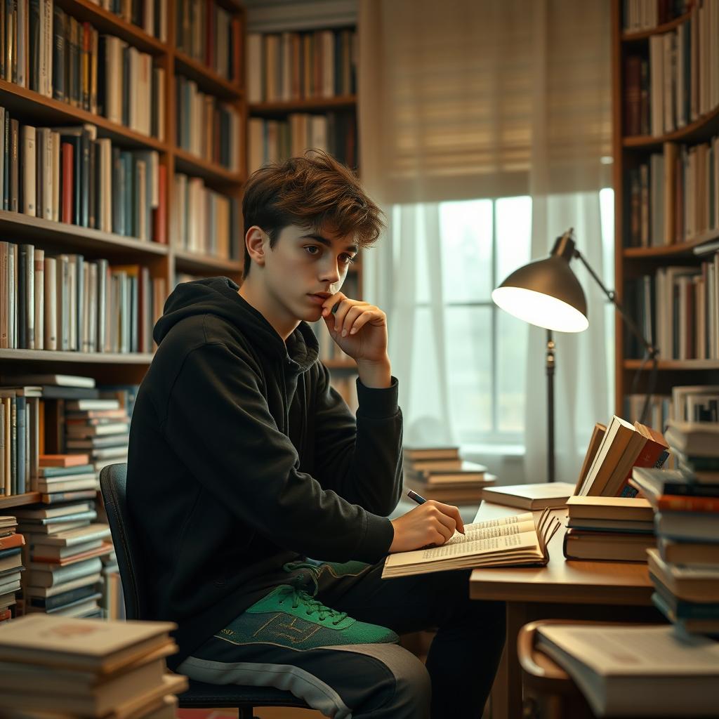 A teenage philosopher wearing black clothes and green sneakers, sitting in a thoughtful pose at a desk filled with books and philosophical texts