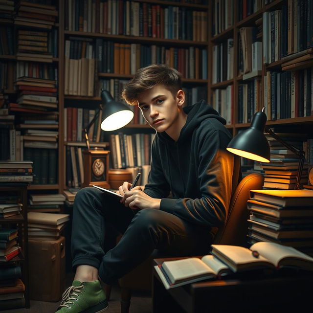 A teenage philosopher wearing black clothes and green sneakers, sitting in a thoughtful pose at a desk filled with books and philosophical texts