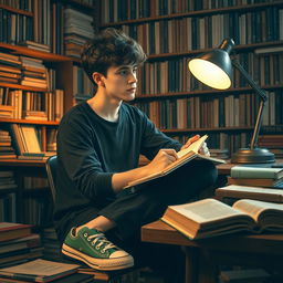 A teenage philosopher wearing black clothes and green sneakers, sitting in a thoughtful pose at a desk filled with books and philosophical texts