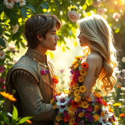 A charming scene featuring a brown-haired prince gazing tenderly at a young woman with flowing blonde hair