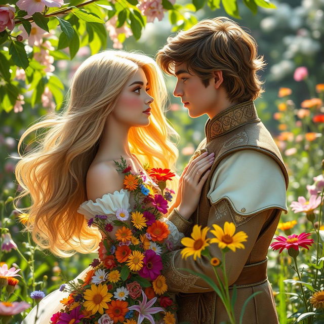 A charming scene featuring a brown-haired prince gazing tenderly at a young woman with flowing blonde hair