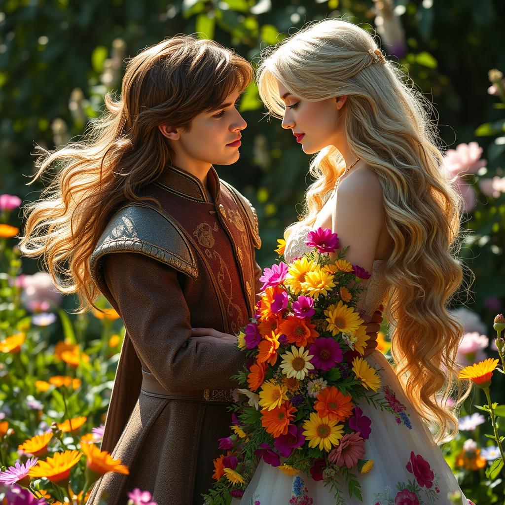 A charming scene featuring a brown-haired prince gazing tenderly at a young woman with flowing blonde hair