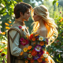 A charming scene featuring a brown-haired prince gazing tenderly at a young woman with flowing blonde hair