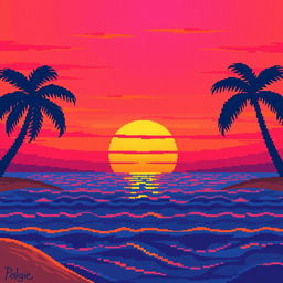 A vibrant sunset in pixel art style, showcasing a gradient of orange, pink, and purple hues blending seamlessly in the sky