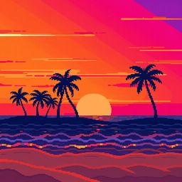 A vibrant sunset in pixel art style, showcasing a gradient of orange, pink, and purple hues blending seamlessly in the sky
