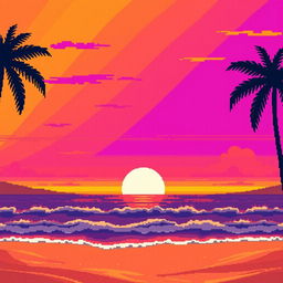 A vibrant sunset in pixel art style, showcasing a gradient of orange, pink, and purple hues blending seamlessly in the sky