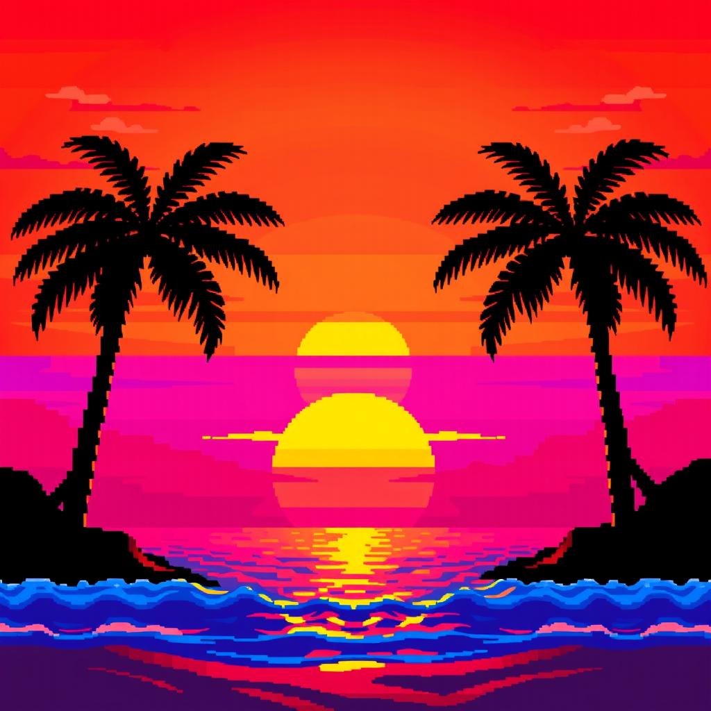 A vibrant sunset in pixel art style, showcasing a gradient of orange, pink, and purple hues blending seamlessly in the sky