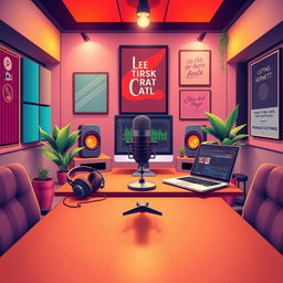 A vibrant digital art illustration of a modern podcast studio, featuring a sleek microphone at the center of a stylish table