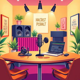A vibrant digital art illustration of a modern podcast studio, featuring a sleek microphone at the center of a stylish table