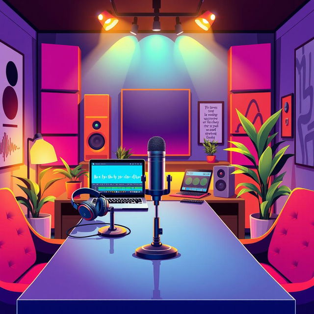 A vibrant digital art illustration of a modern podcast studio, featuring a sleek microphone at the center of a stylish table