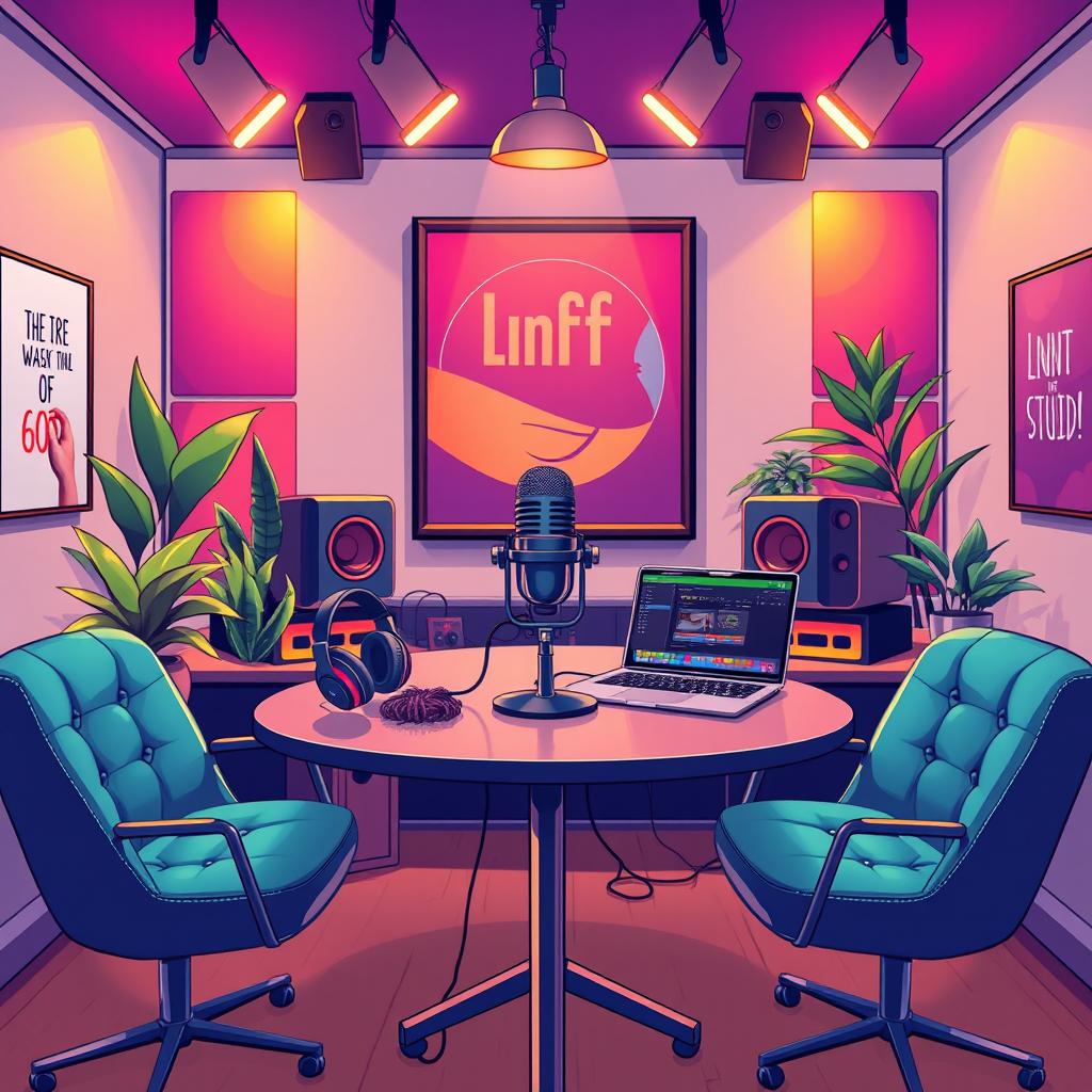 A vibrant digital art illustration of a modern podcast studio, featuring a sleek microphone at the center of a stylish table