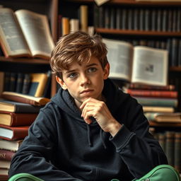 A serious young philosopher dressed in black clothing and green shoes, engaged in a deep discussion about psychology