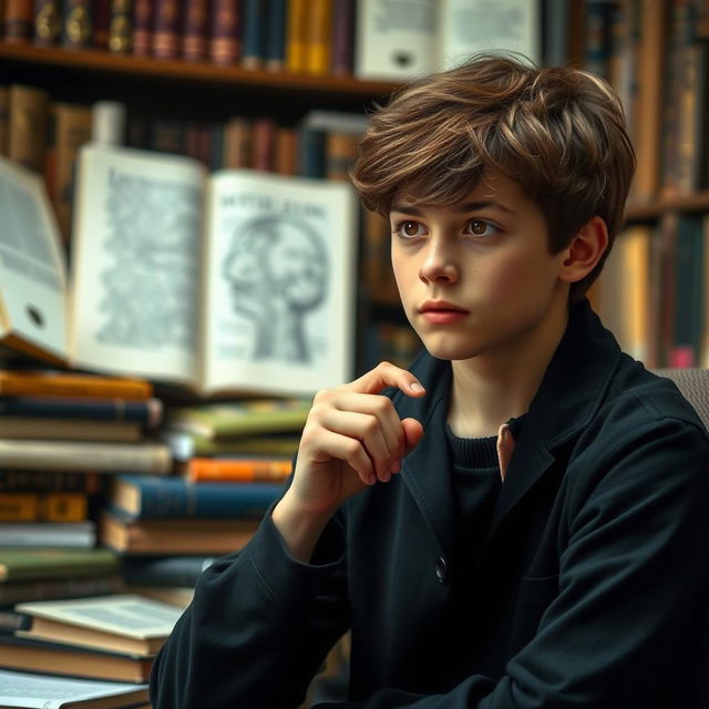 A serious young philosopher dressed in black clothing and green shoes, engaged in a deep discussion about psychology