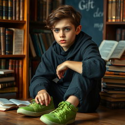 A serious young philosopher dressed in black clothing and green shoes, engaged in a deep discussion about psychology