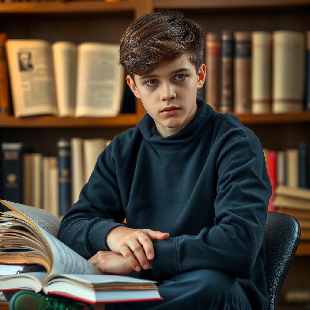 A serious young philosopher dressed in black clothing and green shoes, engaged in a deep discussion about psychology
