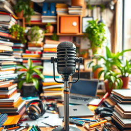 A cluttered and bustling background image for a podcast, featuring a microphone prominently centered in the frame