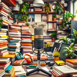 A cluttered and bustling background image for a podcast, featuring a microphone prominently centered in the frame