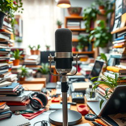 A cluttered and bustling background image for a podcast, featuring a microphone prominently centered in the frame