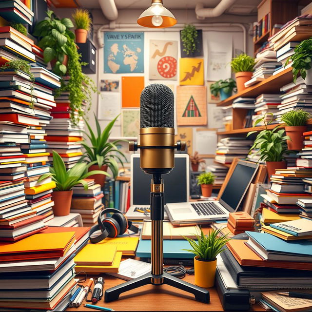 A cluttered and bustling background image for a podcast, featuring a microphone prominently centered in the frame