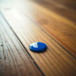 A single vibrant blue drop of paint on a textured wooden floor, with the light reflecting off its glossy surface, highlighting the deep blue color against the natural brown wood tones