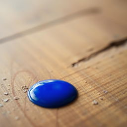 A single vibrant blue drop of paint on a textured wooden floor, with the light reflecting off its glossy surface, highlighting the deep blue color against the natural brown wood tones