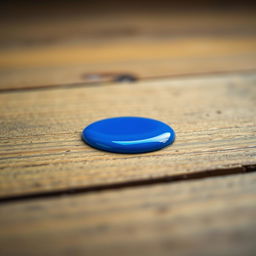 A single vibrant blue drop of paint on a textured wooden floor, with the light reflecting off its glossy surface, highlighting the deep blue color against the natural brown wood tones