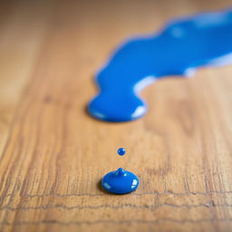A single vibrant blue drop of paint on a textured wooden floor, with the light reflecting off its glossy surface, highlighting the deep blue color against the natural brown wood tones