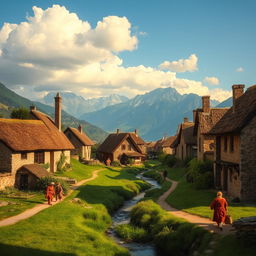 A serene medieval village landscape featuring rustic stone cottages with thatched roofs, surrounded by lush green fields and a gentle stream flowing through the village
