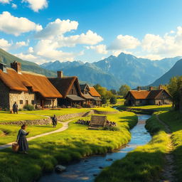 A serene medieval village landscape featuring rustic stone cottages with thatched roofs, surrounded by lush green fields and a gentle stream flowing through the village