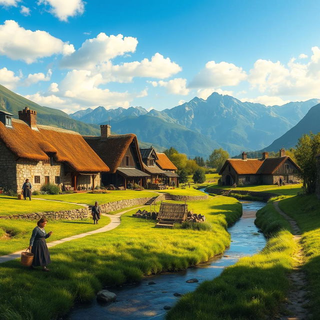 A serene medieval village landscape featuring rustic stone cottages with thatched roofs, surrounded by lush green fields and a gentle stream flowing through the village