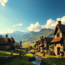 A serene medieval village landscape featuring rustic stone cottages with thatched roofs, surrounded by lush green fields and a gentle stream flowing through the village