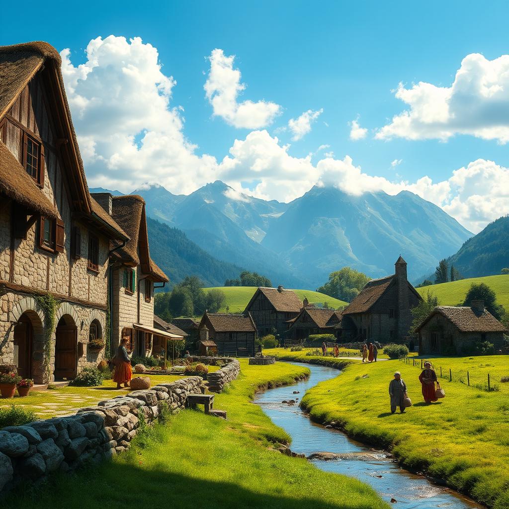 A serene medieval village landscape featuring rustic stone cottages with thatched roofs, surrounded by lush green fields and a gentle stream flowing through the village
