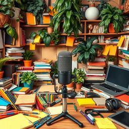 A cluttered and bustling background image for a podcast featuring a central microphone