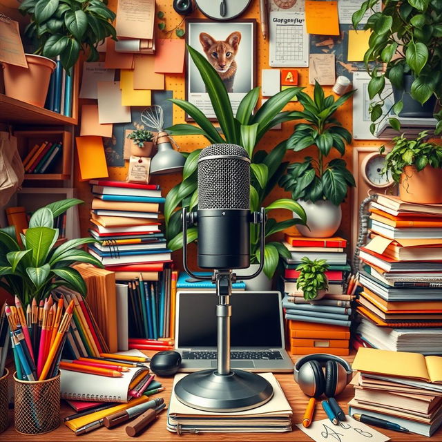 A cluttered and bustling background image for a podcast featuring a central microphone