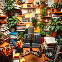 A cluttered and bustling background image for a podcast featuring a central microphone